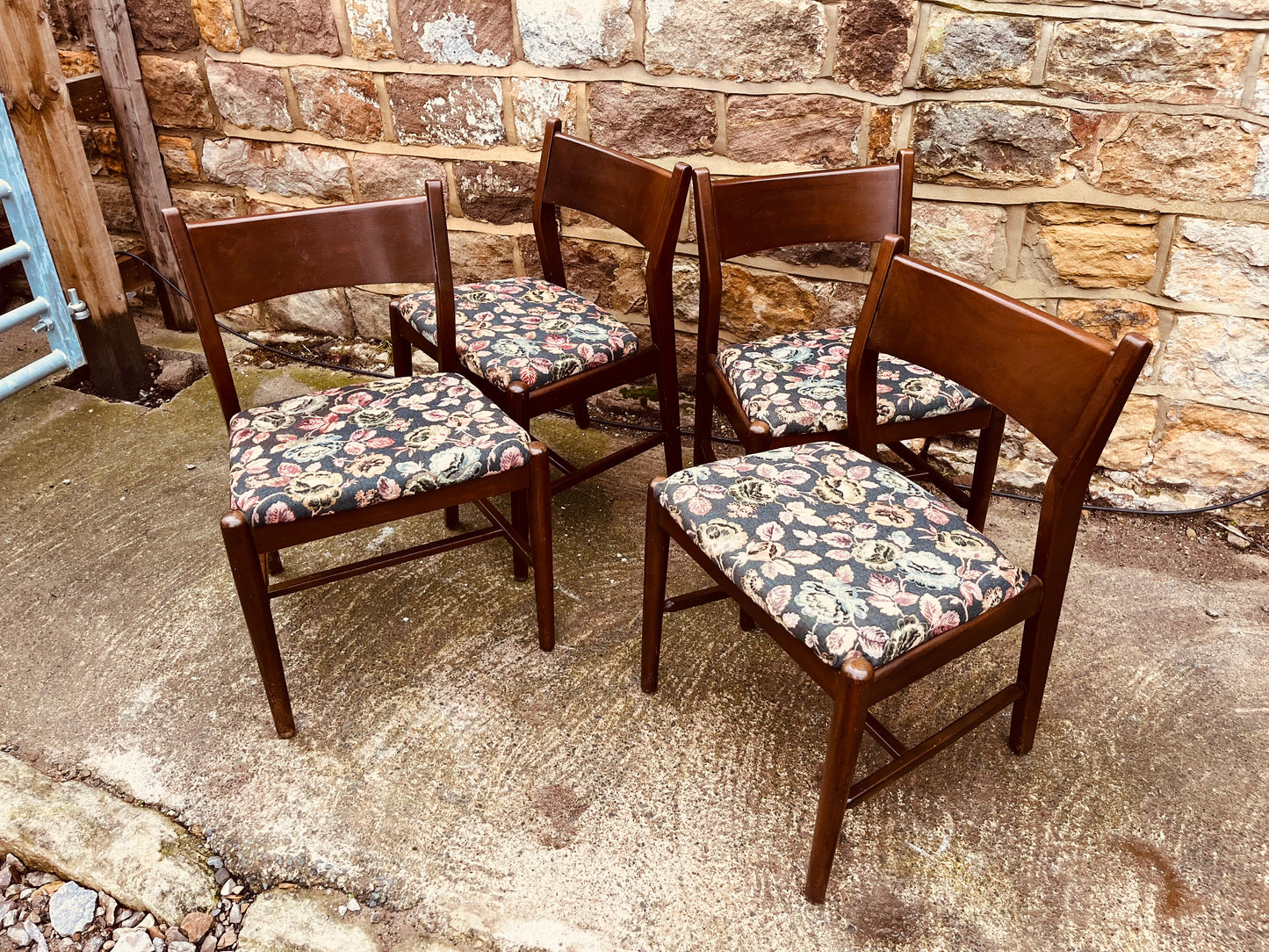 Set of Four Vintage Wooden Dining Chairs with Upholstered Seats