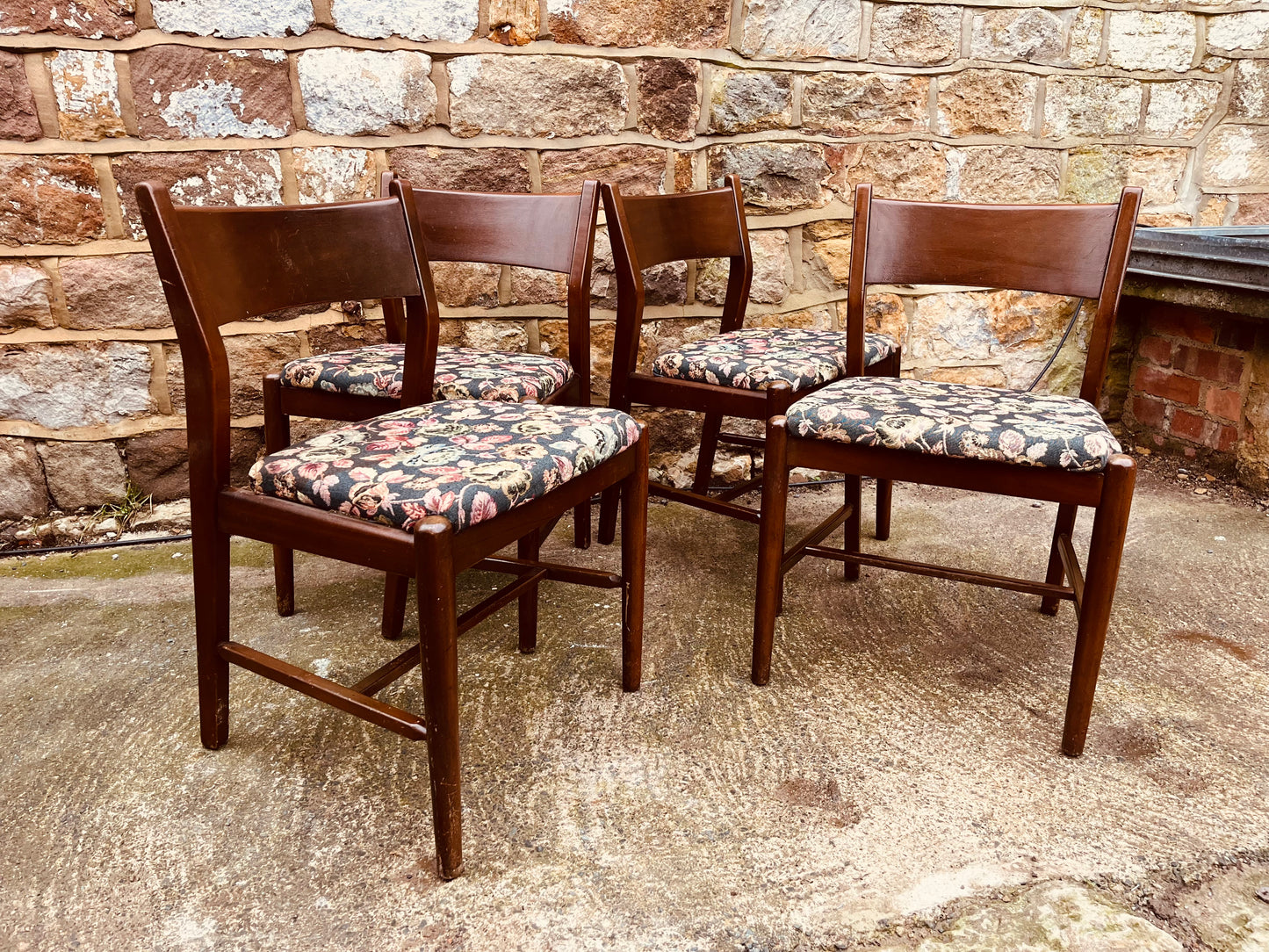 Set of Four Vintage Wooden Dining Chairs with Upholstered Seats