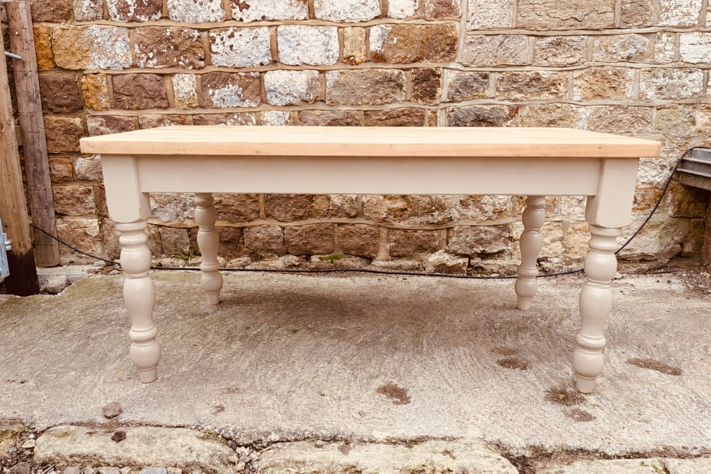 Handcrafted Farmhouse Dining Table with Sanded Solid Wood Top and Neutral Painted Base