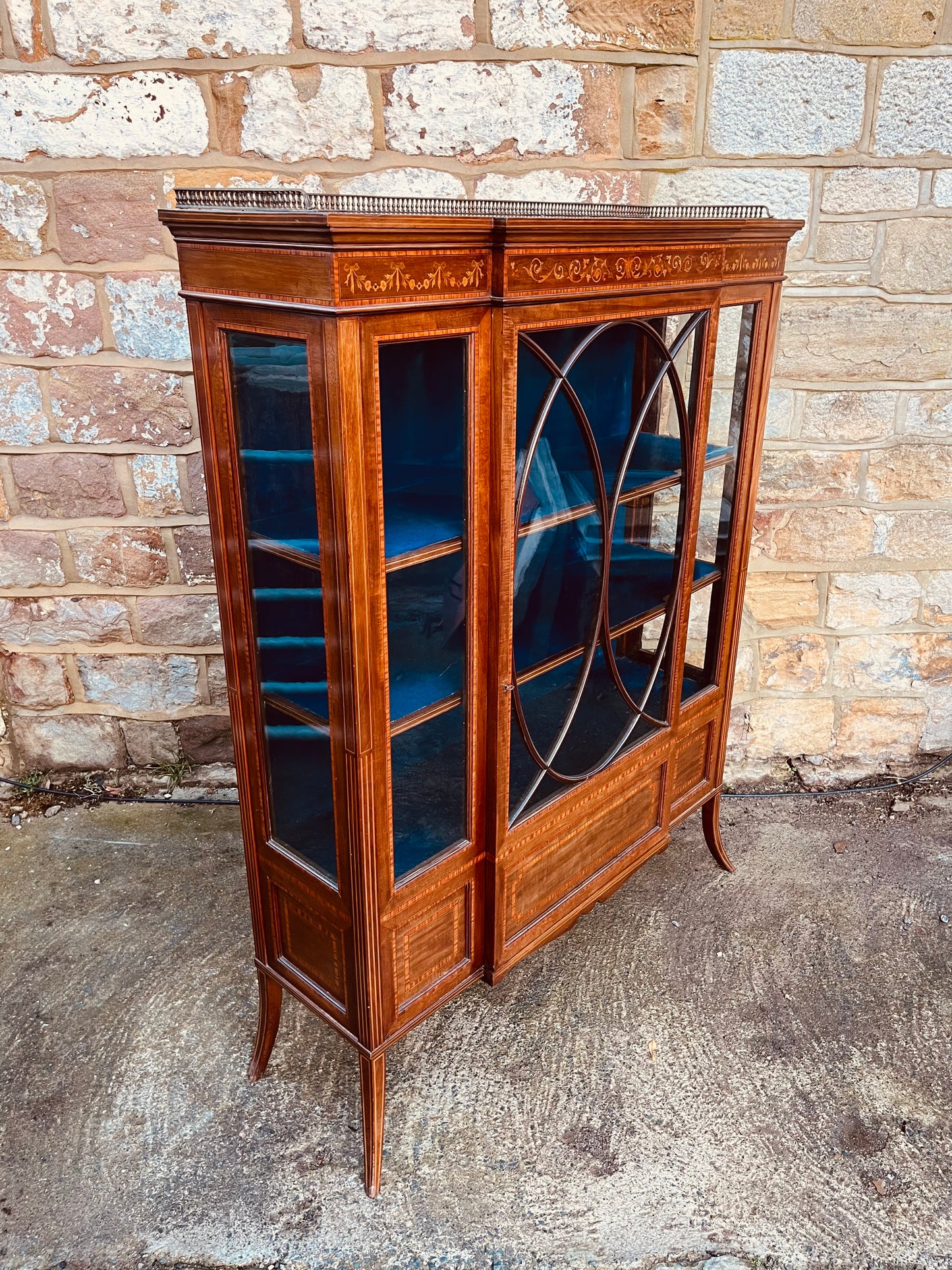 Edwardian Inlaid Display Cabinet with Astragal Glazed Door & Velvet Interior – Antique Marquetry Curio Cabinet