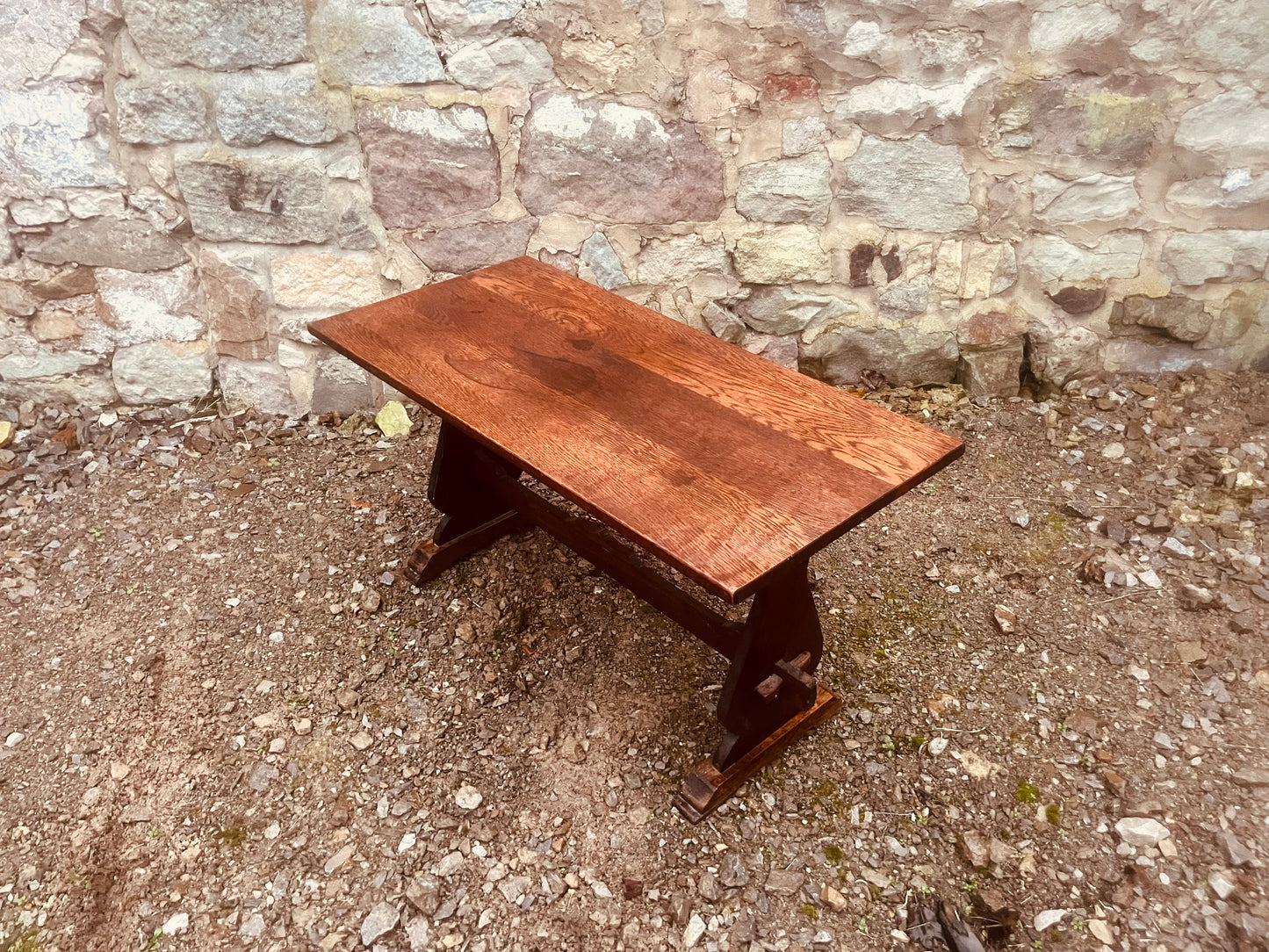 Vintage Solid Oak Trestle Table – Rustic Farmhouse Console