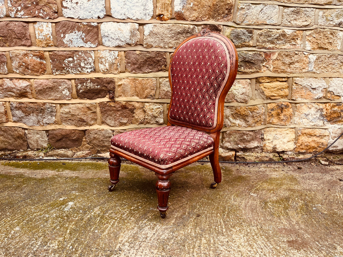Antique Victorian Walnut Nursing Chair c.1880–1900 – Upholstered Balloon Back Slipper Chair with Castors