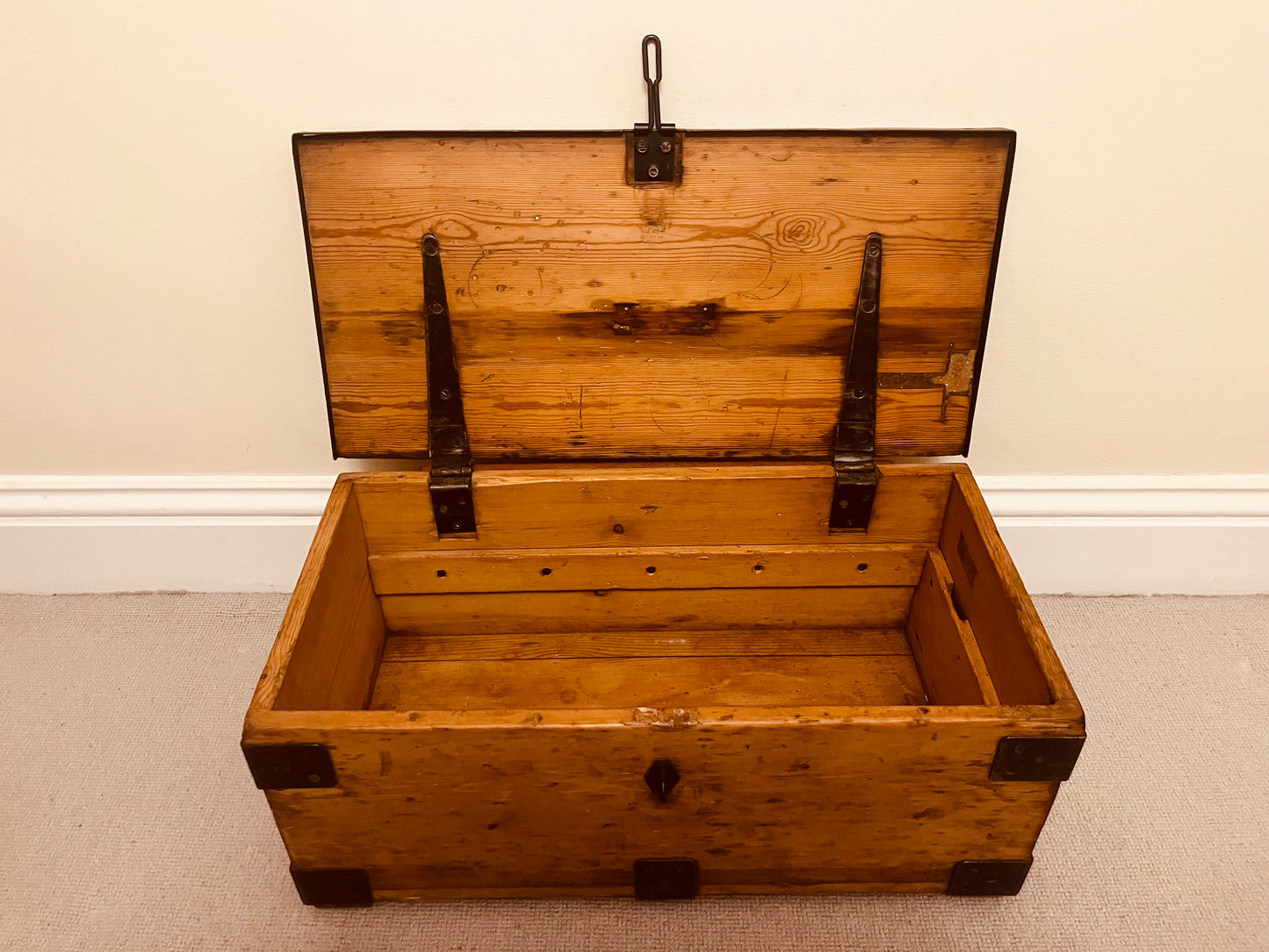Pair of Vintage Wooden Storage Chests – Rustic Industrial Trunks with Iron Hardware and Dovetail Joints