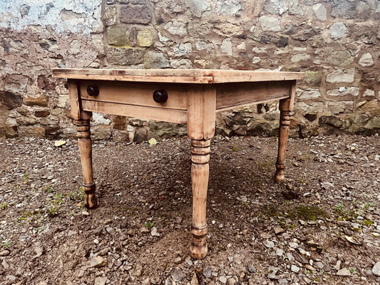 Antique Pine Farmhouse Table with Drawer – Rustic Stripped Wood Kitchen Dining Table – Victorian Turned Leg Table