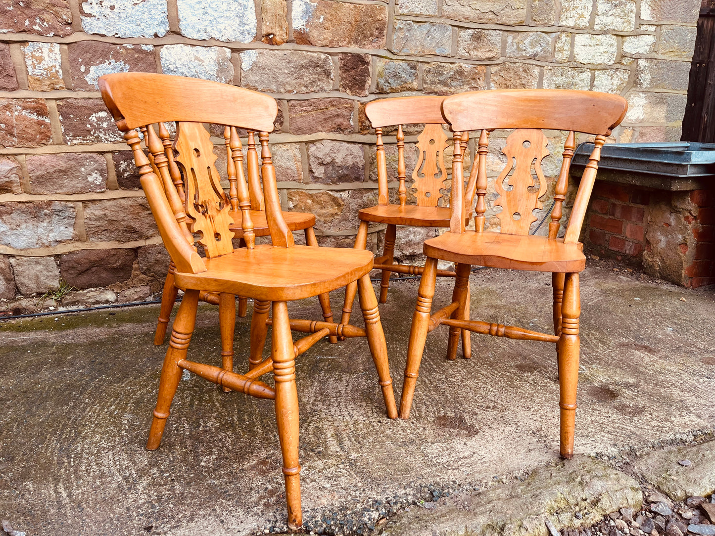 Set of Four Vintage Solid Oak Dining Chairs with Pierced Splat Backs