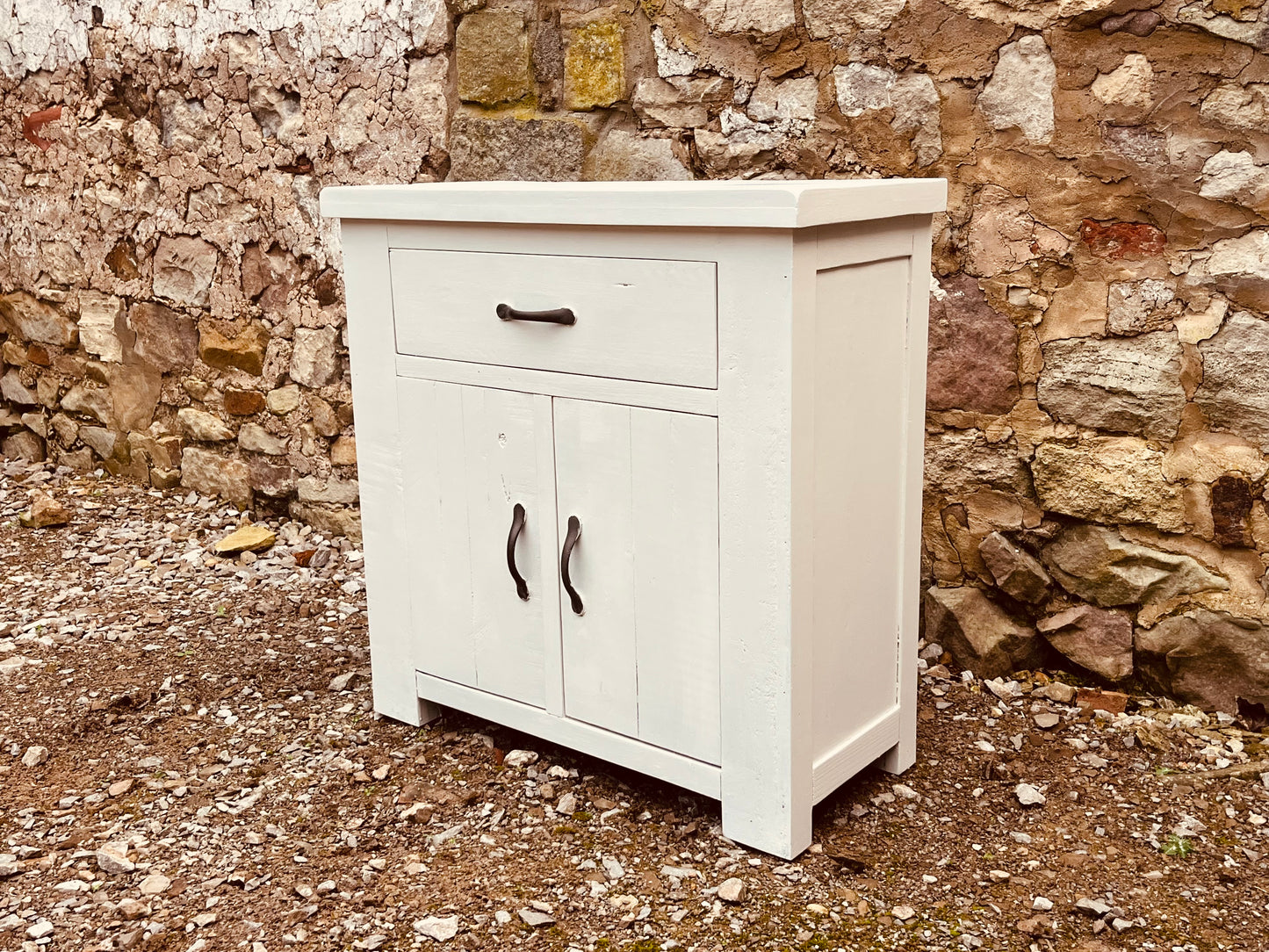 Rustic Cream Painted Solid Wood Cabinet – Farmhouse Cupboard with Drawer