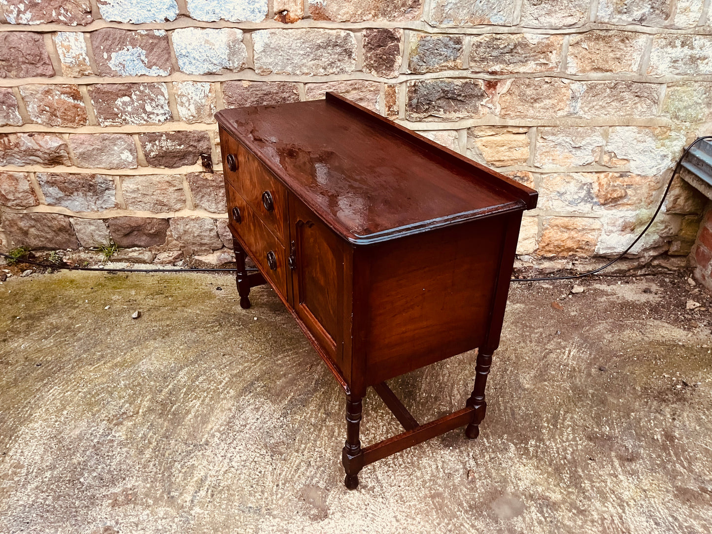 Vintage Mahogany Sideboard with Burr Veneer Drawers & Cupboard – Solid Wood Storage Cabinet
