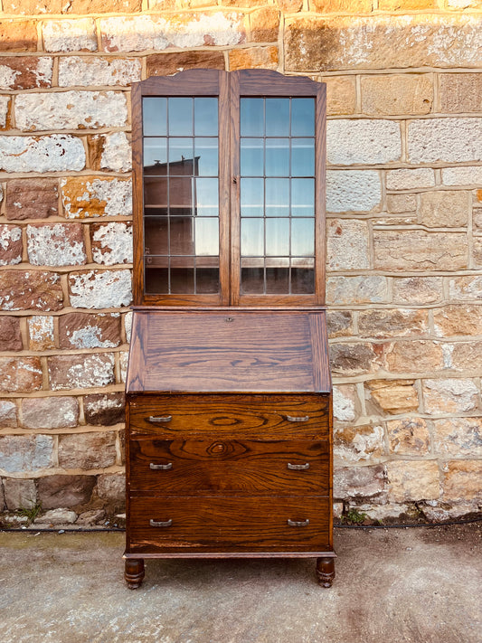Vintage Bureau Bookcase with Glazed Cabinet – Rustic Cottage Writing Desk
