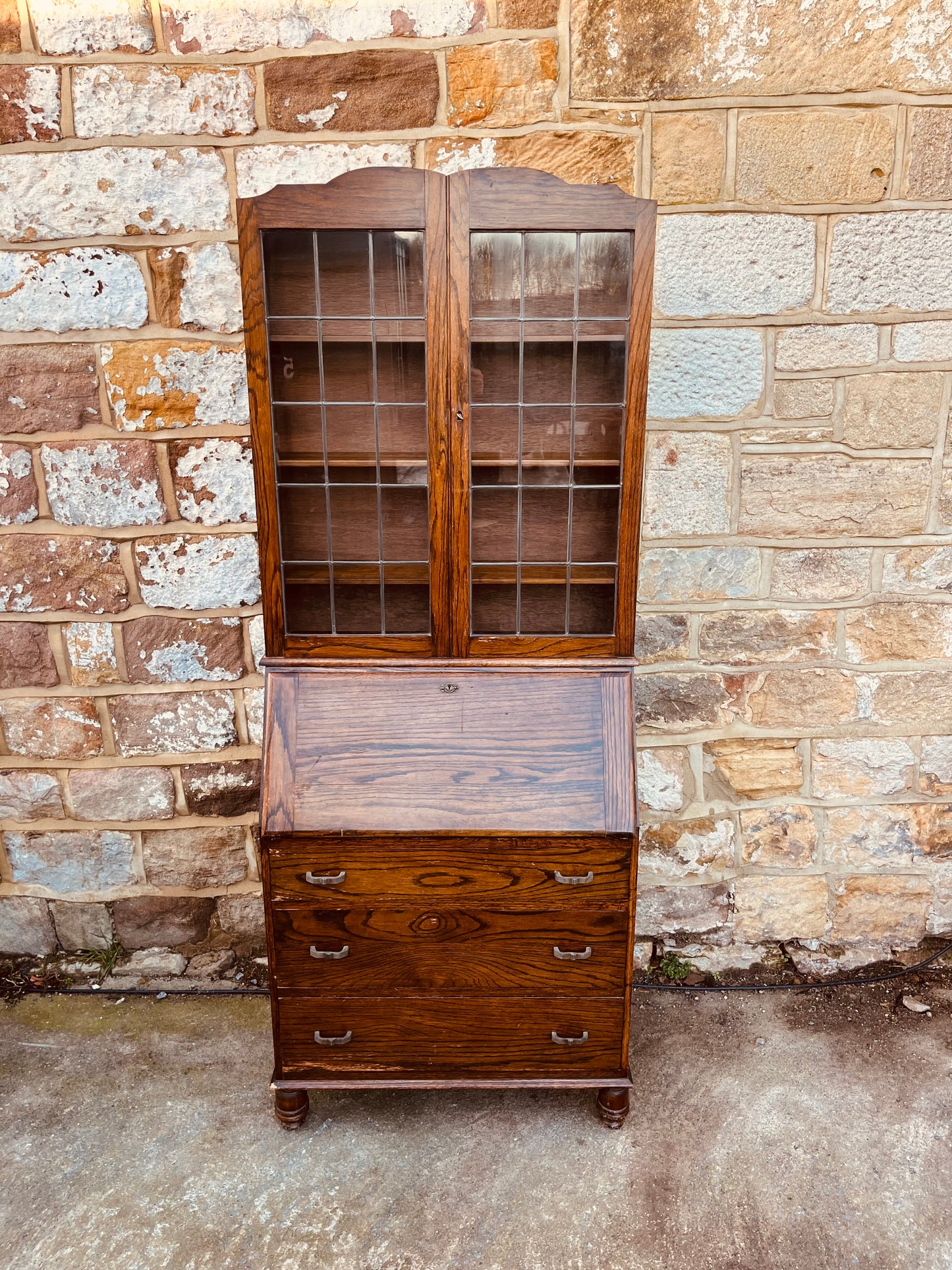 Vintage Bureau Bookcase with Glazed Cabinet – Rustic Cottage Writing Desk