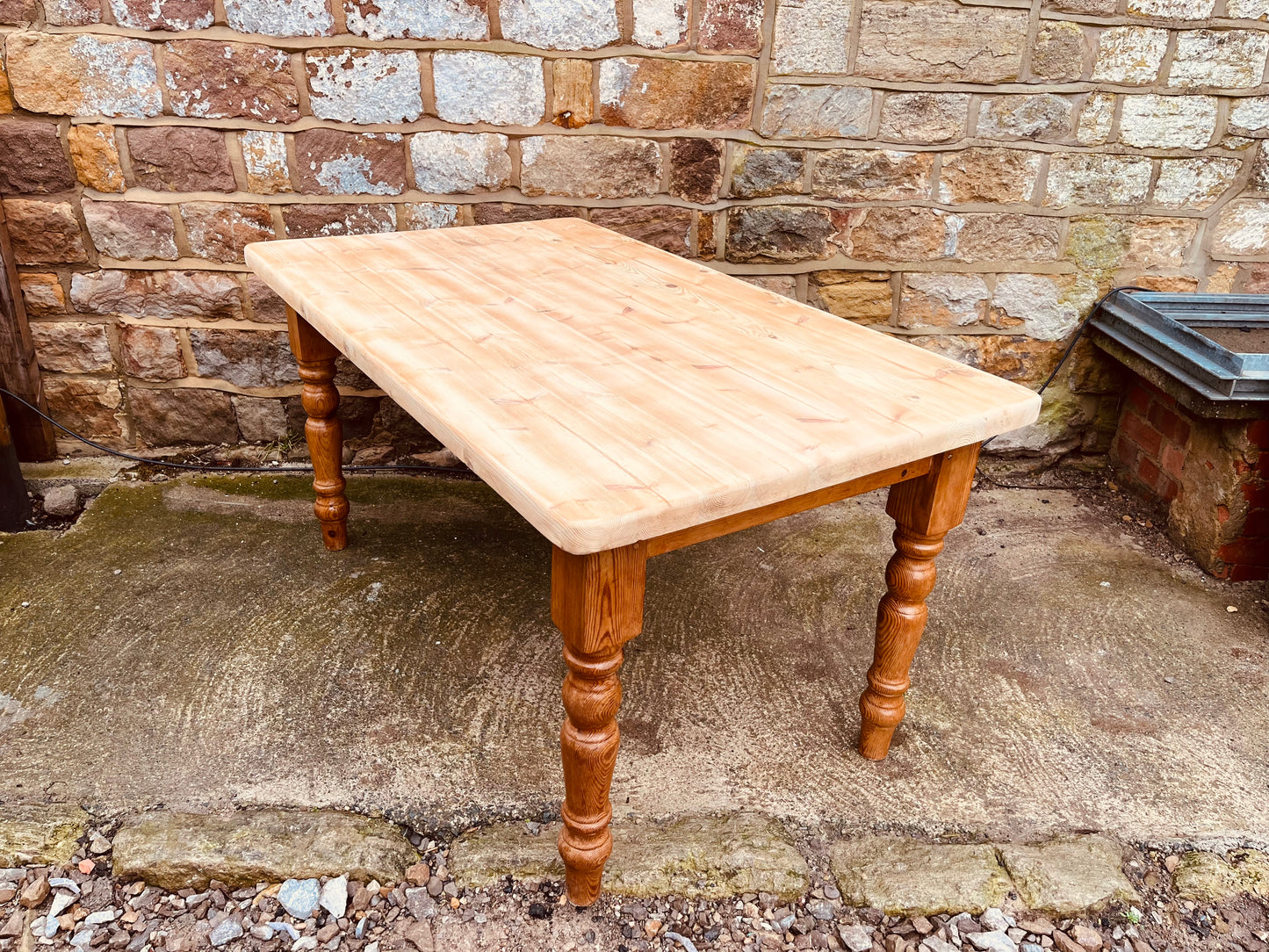 Rustic Solid Pine Farmhouse Dining Table with Natural Sanded Top and Turned Legs