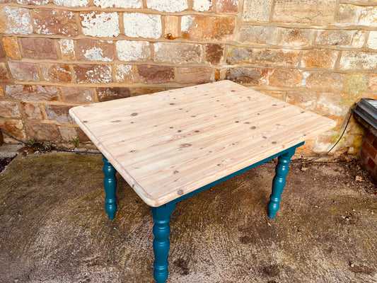 Vintage Pine Table – Refinished Top & Teal Turned Legs