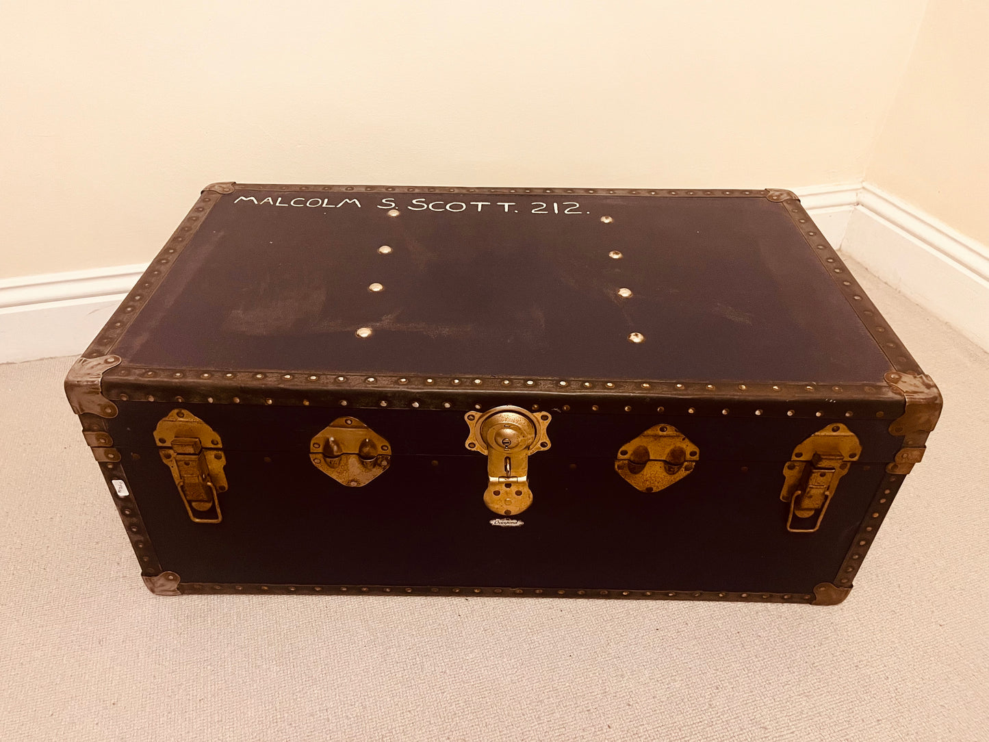 Pair of Vintage Travel Trunks – Tan Leather & Black Metal Storage Chests – Retro Luggage by The Proudlove Studio