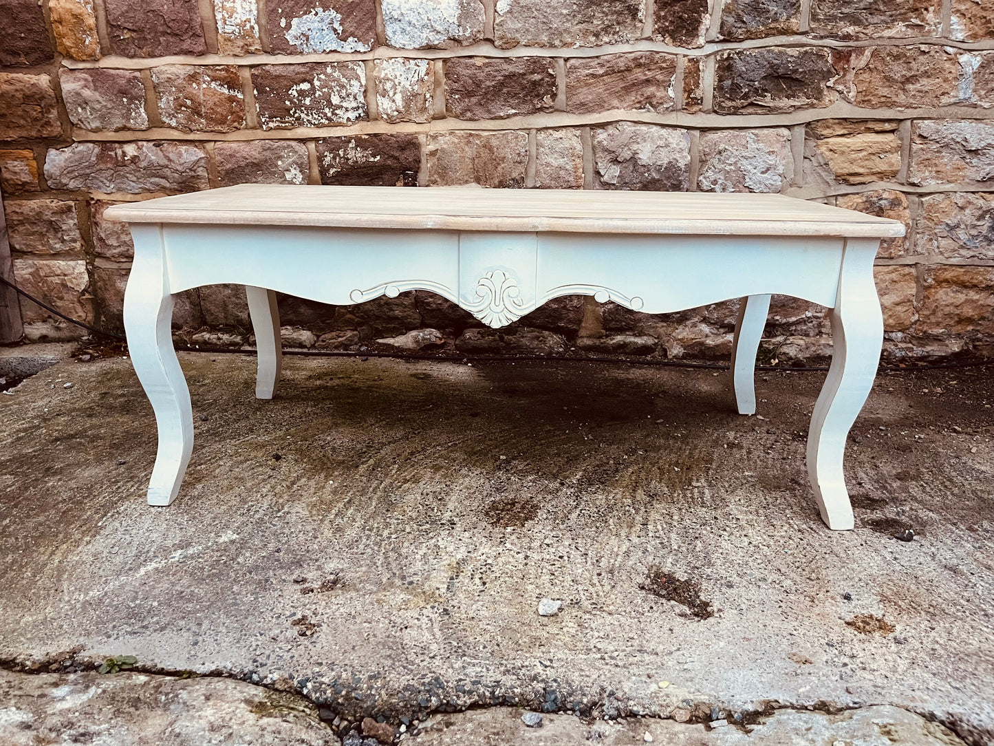 Rare French Farmhouse Coffee Table – Hand-Finished with Limed Wood Top