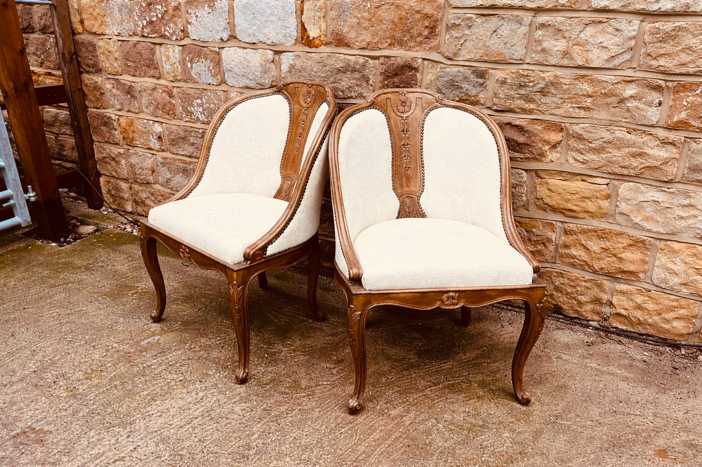 Pair of French Style Upholstered Armchairs | Louis XV Revival | Carved Wood Salon Chairs