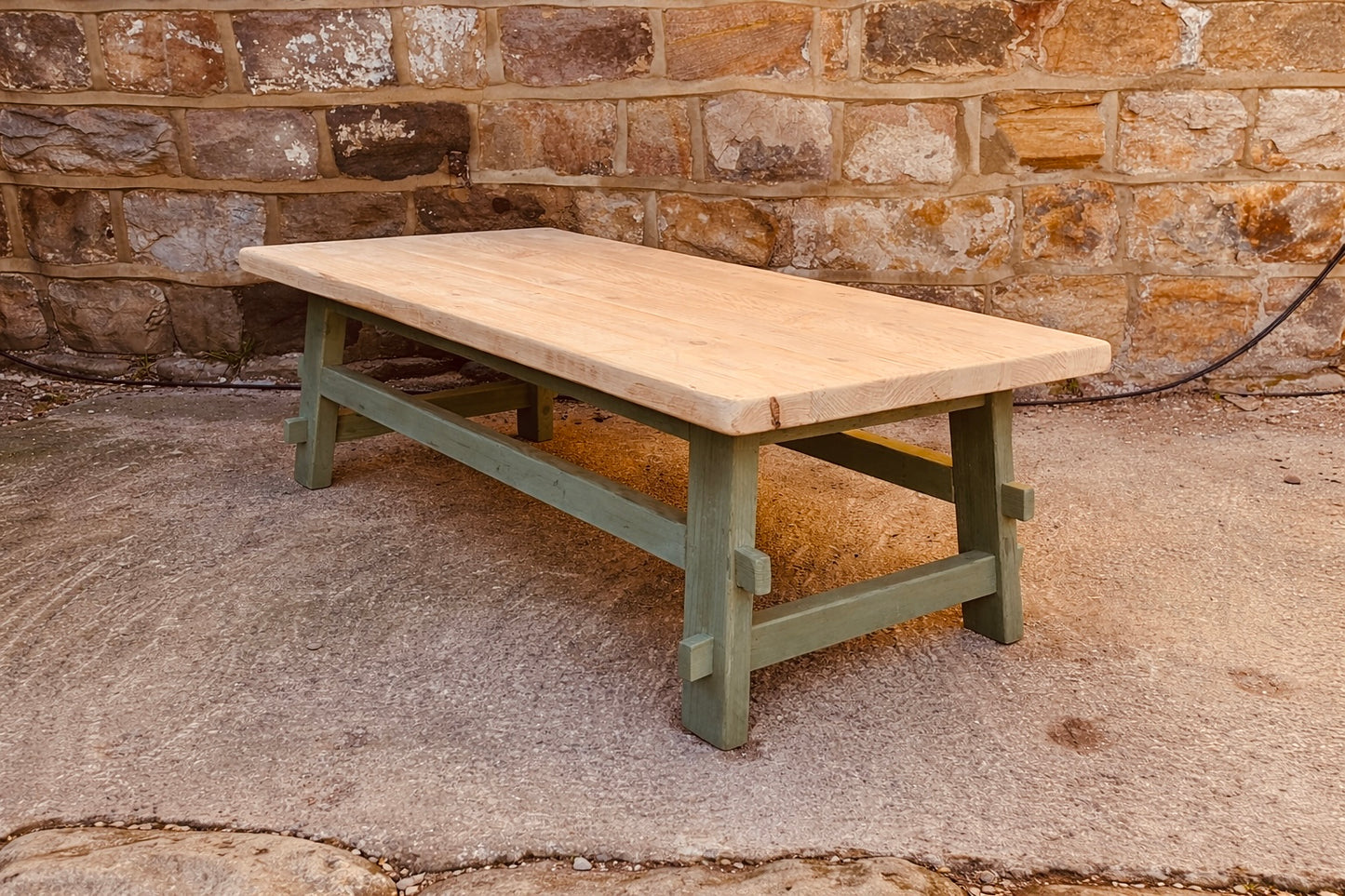 Handcrafted Solid Wood Farmhouse Coffee Table – Natural Top & Heritage Green Base