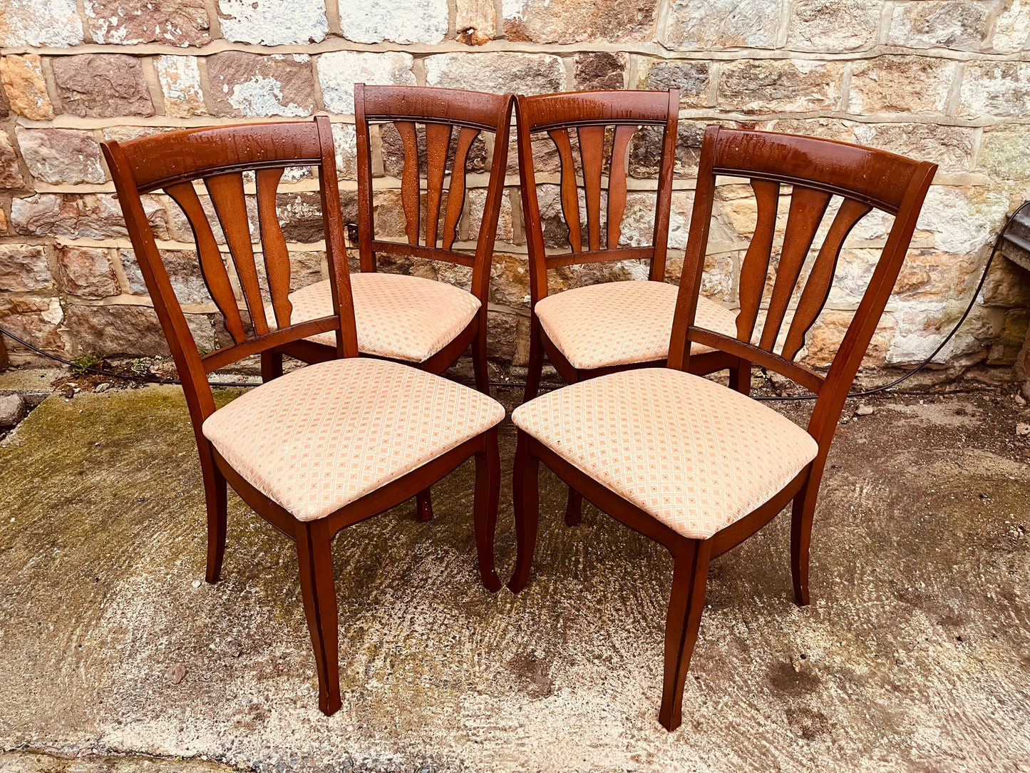Set of 4 Vintage Dining Chairs – Upholstered Seats & Curved Back – Solid Wood Kitchen Chairs