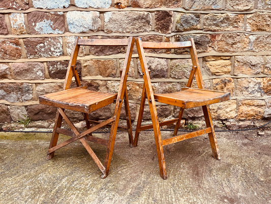 Pair of Vintage Wooden Folding Chairs – Rustic Slatted Seating | Cottage & Farmhouse Decor