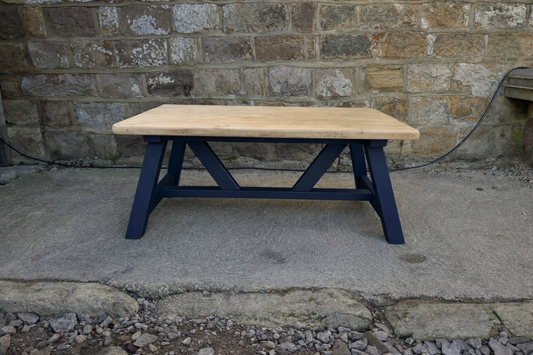 Handcrafted Solid Wood Farmhouse Coffee Table – Natural Top & Navy Blue Base
