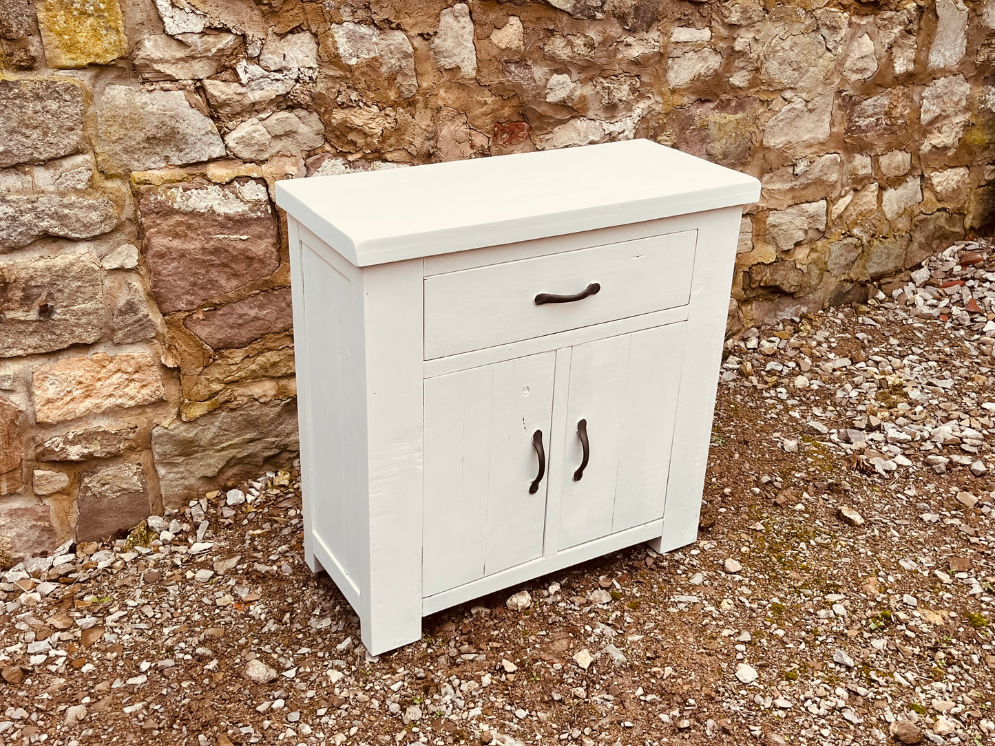 Rustic Cream Painted Solid Wood Cabinet – Farmhouse Cupboard with Drawer