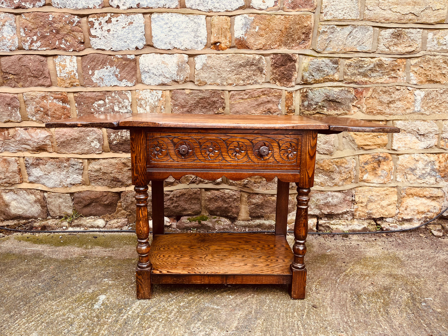 Vintage Solid Oak Drop-Leaf Side Table with Carved Detail & Lower Shelf