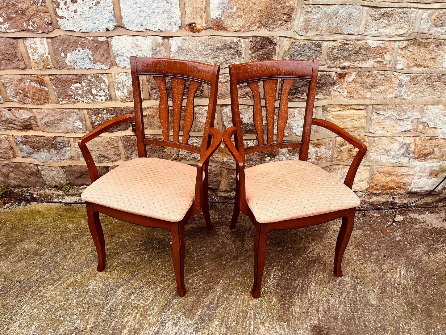 Pair of Vintage Dining Armchairs – Upholstered Farmhouse Chairs – Solid Wood