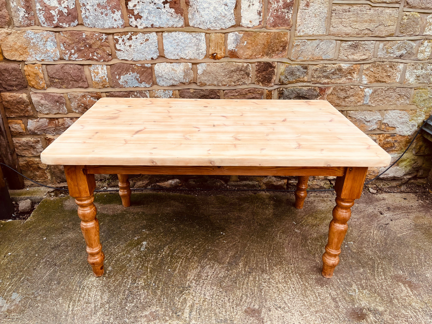 Rustic Solid Pine Farmhouse Dining Table with Natural Sanded Top and Turned Legs