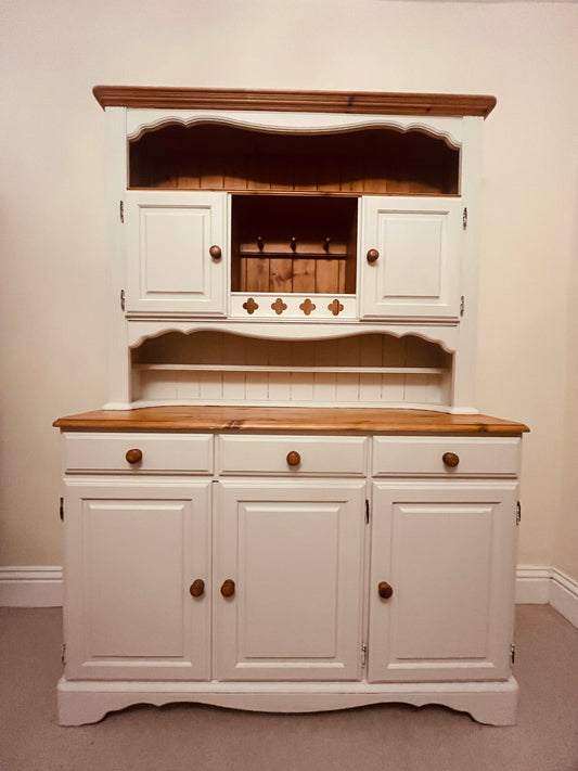 Hand-Painted Solid Pine Welsh Dresser – Cream Base with Waxed Pine Top | Farmhouse Kitchen Hutch by The Proudlove Studio