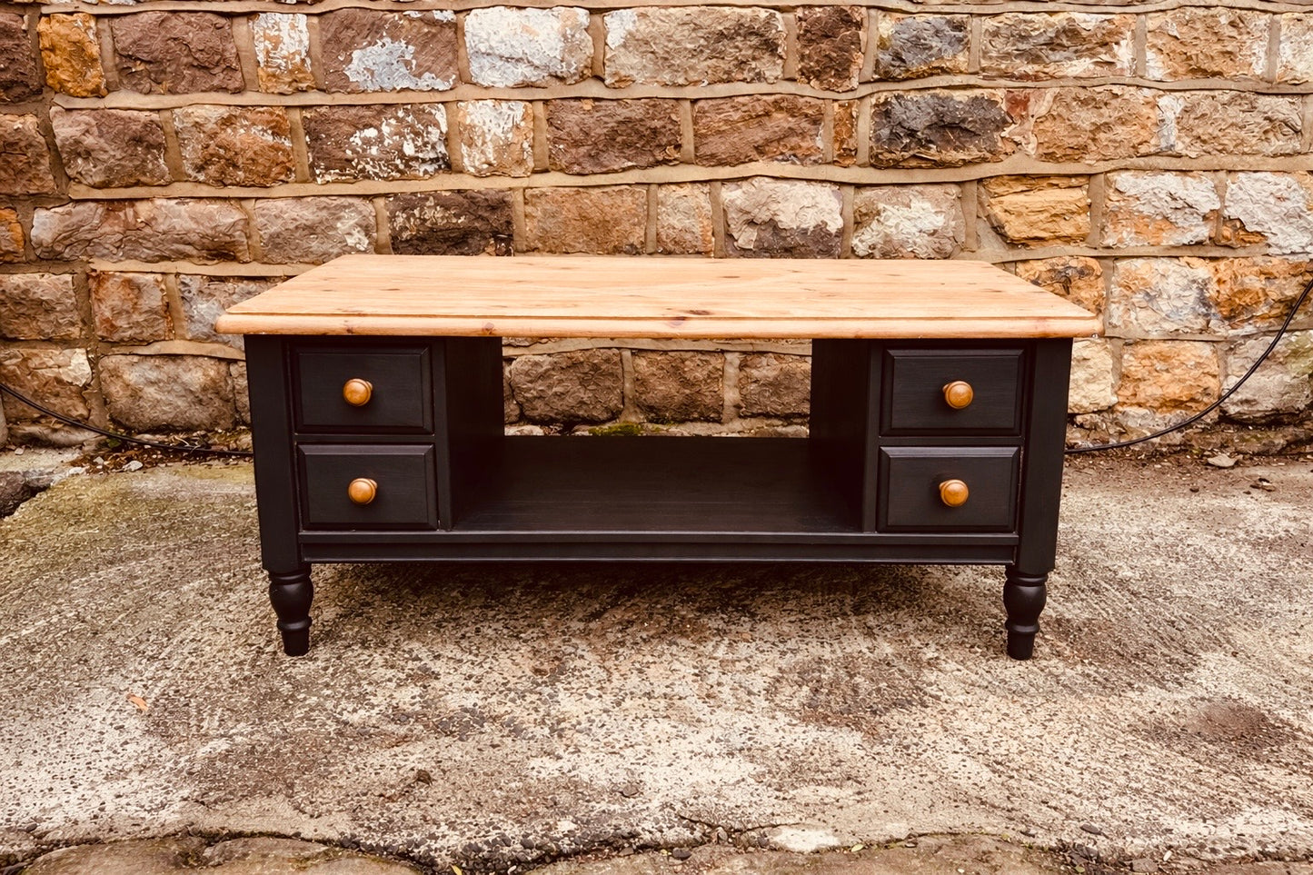 Double-Sided Solid Wood Coffee Table with 8 Drawers | Hand-Painted Deep Blue