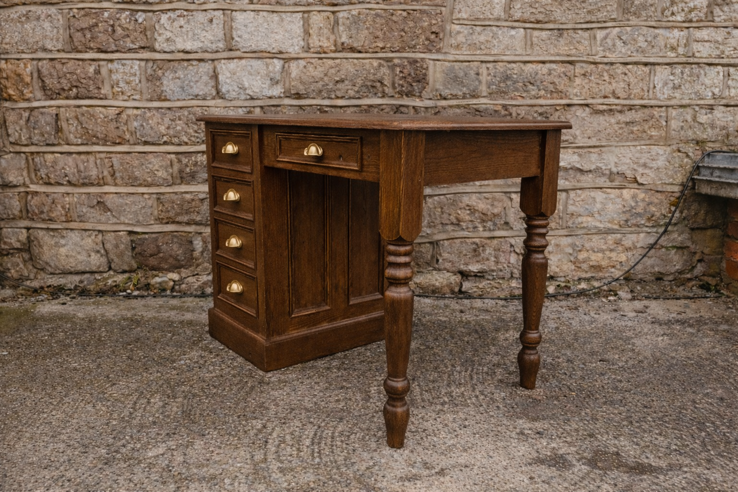 Solid Pine Writing Desk with Drawers and Brass Handles