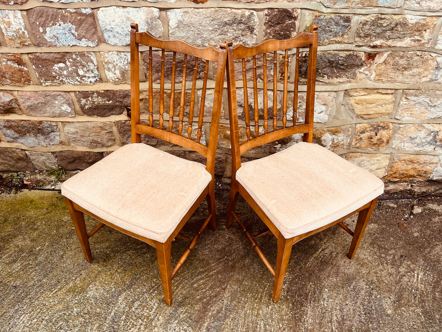 Pair of Vintage Spindle-Back Dining Chairs – Upholstered Seats – Solid Wood Farmhouse Style