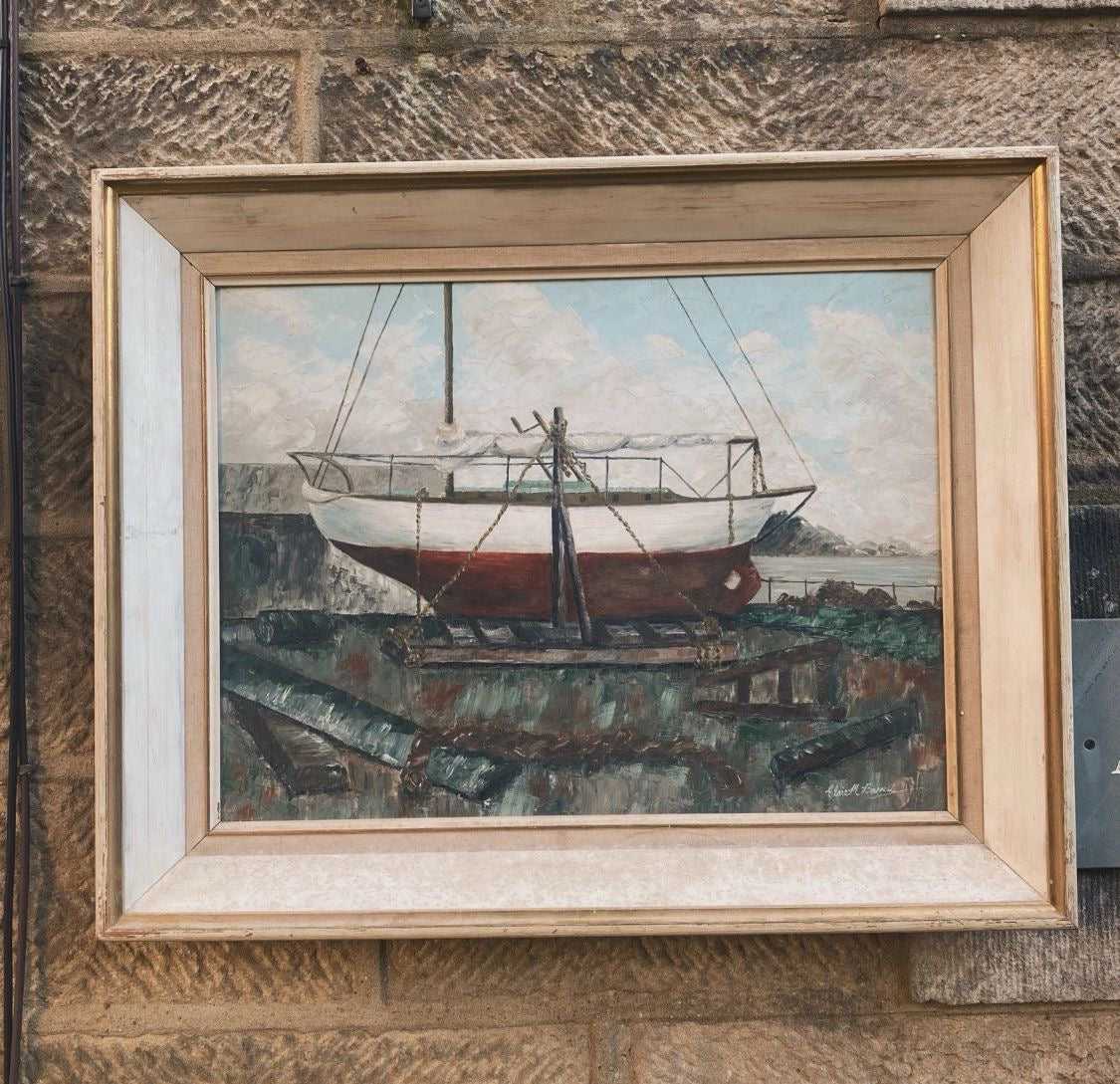 Exhibited 1967 British Maritime Oil Painting by Elsie M. Barrett – Dry Dock / Repairs, Bangor