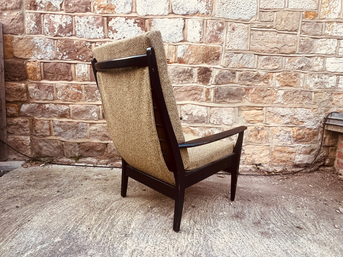 Mid-Century Modern Armchair – Textured Tweed & Black Wooden Frame