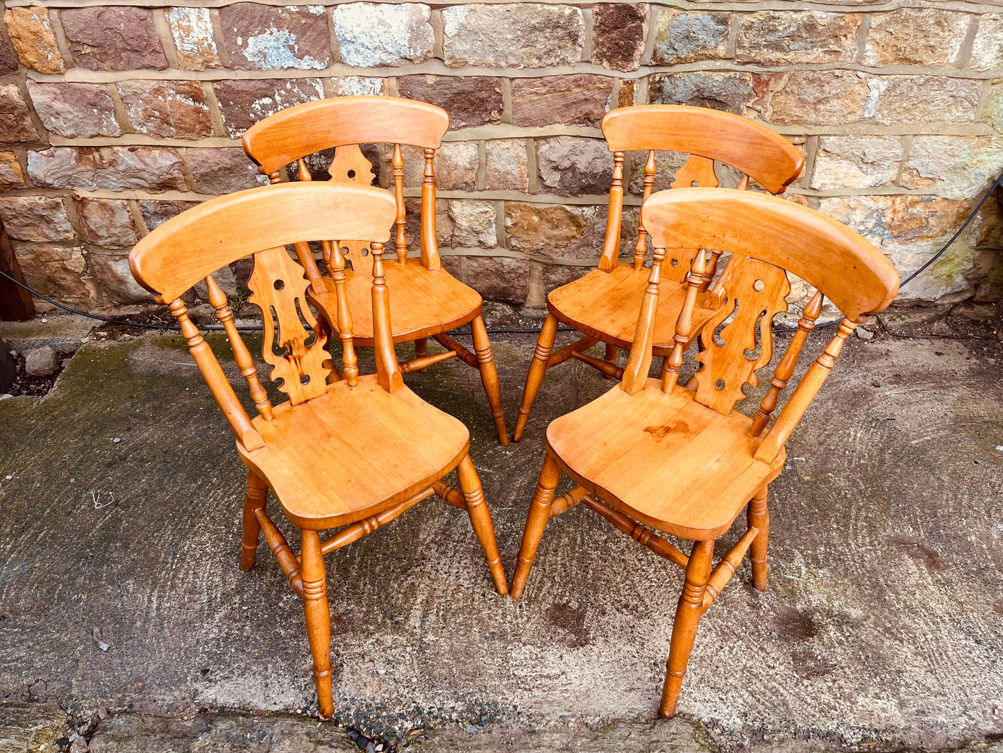Set of Four Vintage Solid Oak Dining Chairs with Pierced Splat Backs