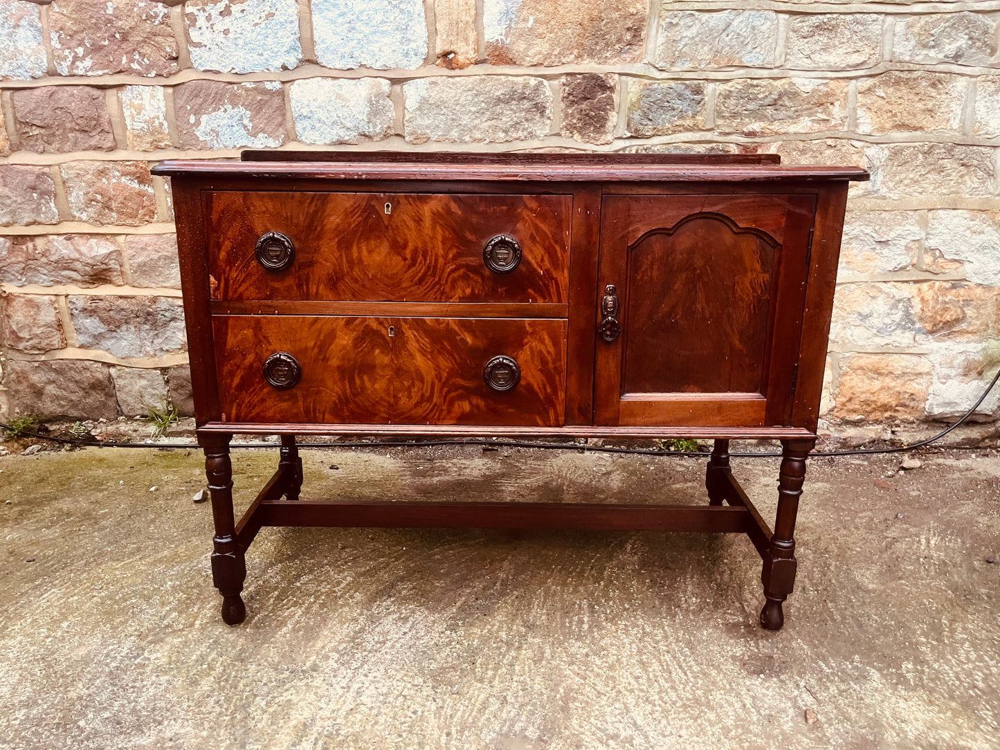 Vintage Mahogany Sideboard with Burr Veneer Drawers & Cupboard – Solid Wood Storage Cabinet
