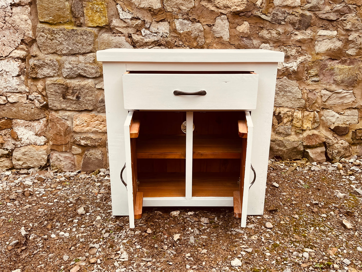 Rustic Cream Painted Solid Wood Cabinet – Farmhouse Cupboard with Drawer