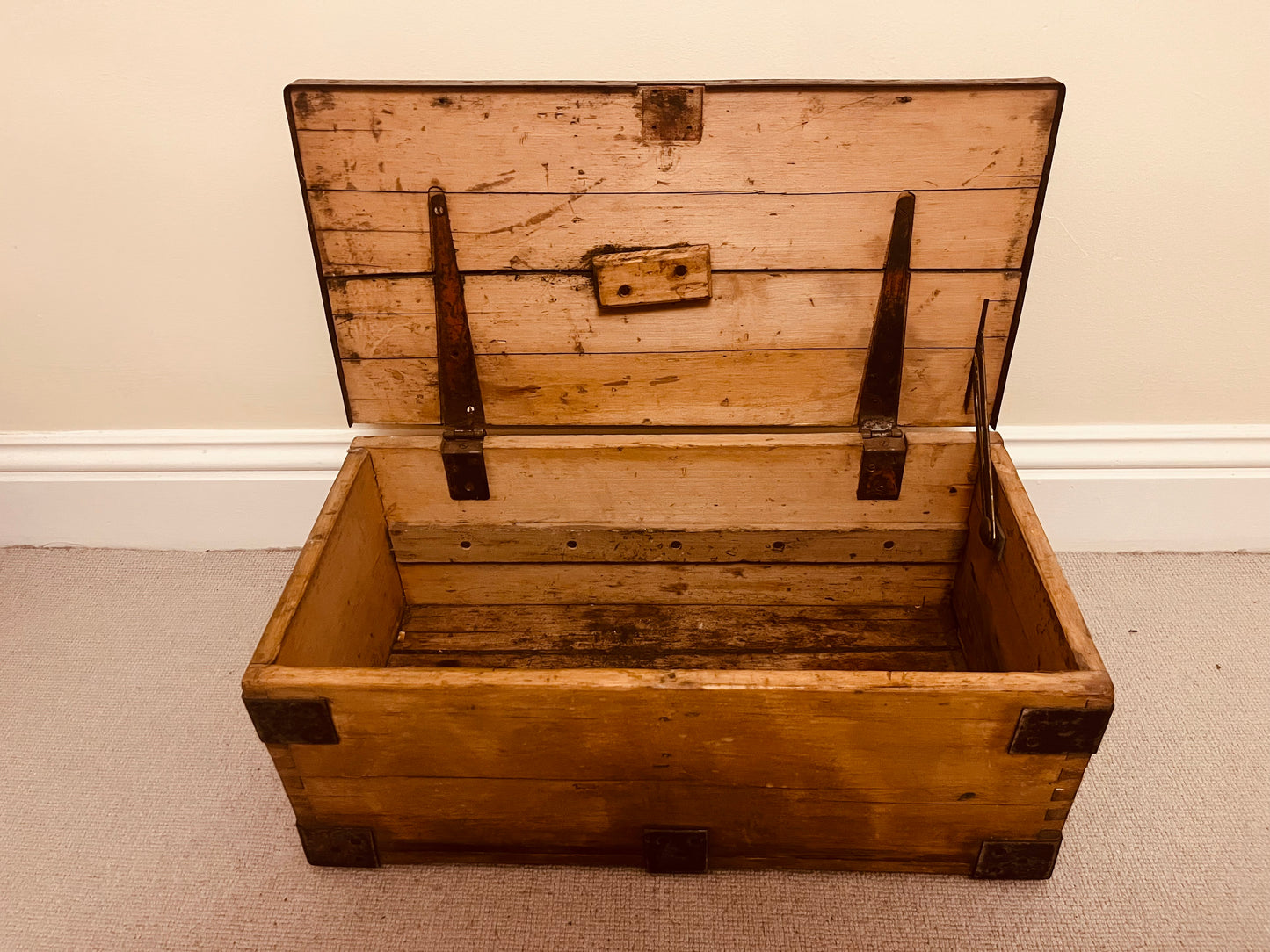 Pair of Vintage Wooden Storage Chests – Rustic Industrial Trunks with Iron Hardware and Dovetail Joints