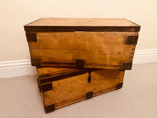 Pair of Vintage Wooden Storage Chests – Rustic Industrial Trunks with Iron Hardware and Dovetail Joints
