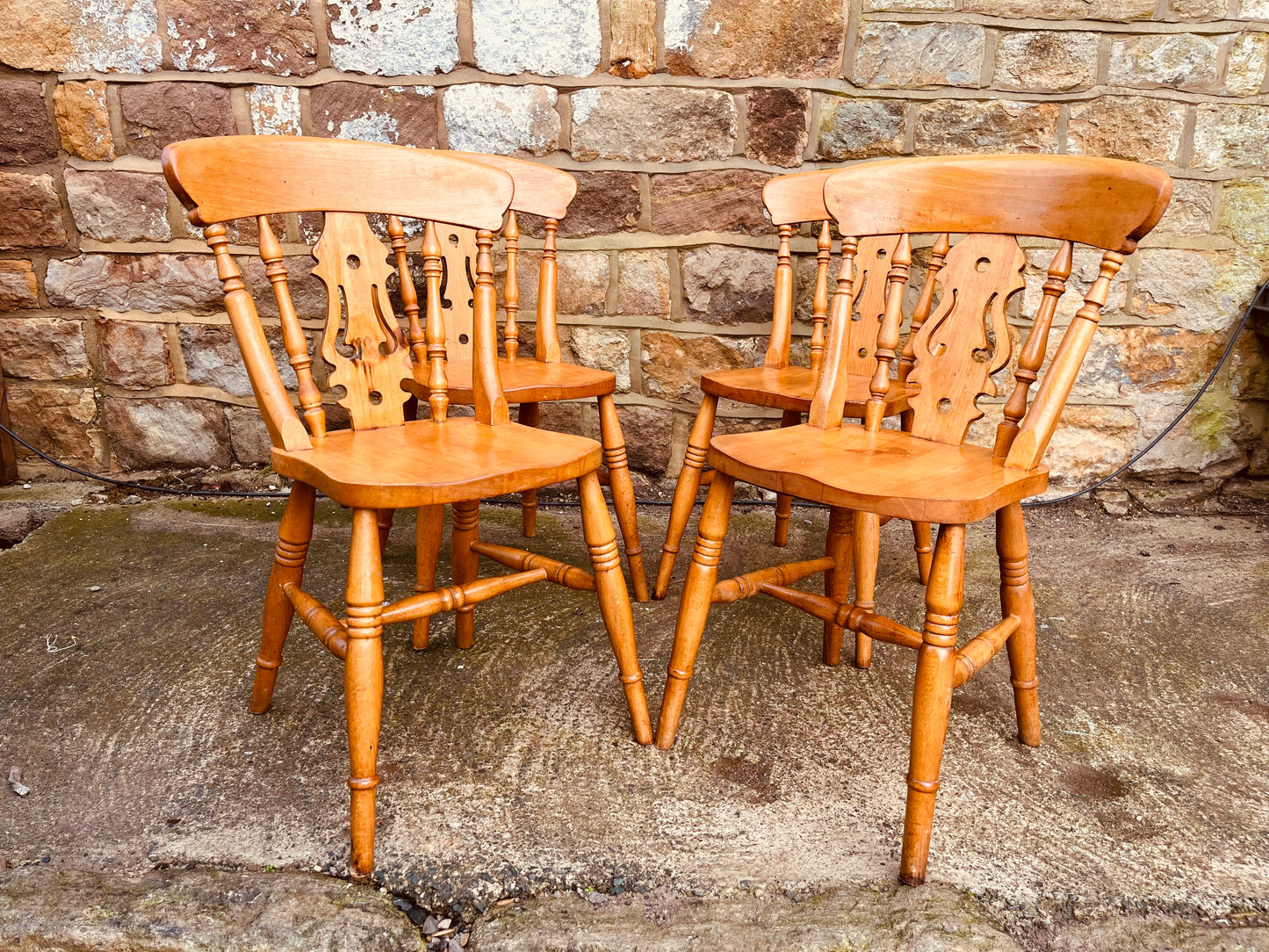 Set of Four Vintage Solid Oak Dining Chairs with Pierced Splat Backs