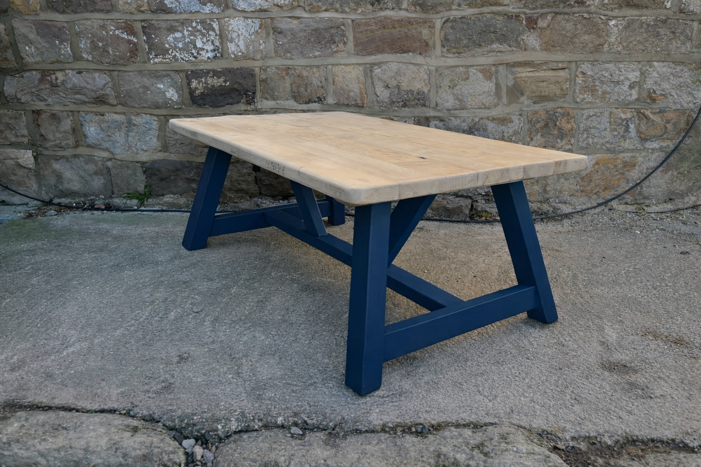 Handcrafted Solid Wood Farmhouse Coffee Table – Natural Top & Navy Blue Base