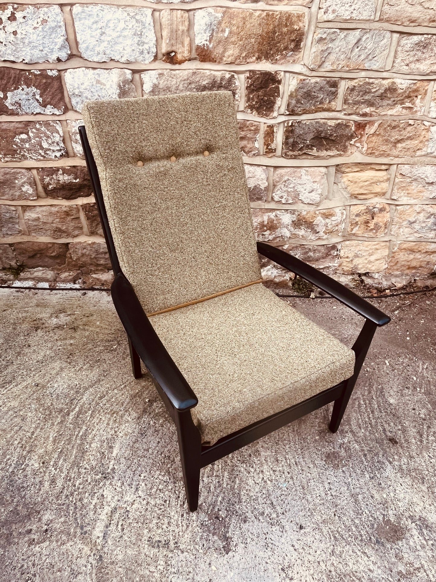 Mid-Century Modern Armchair – Textured Tweed & Black Wooden Frame