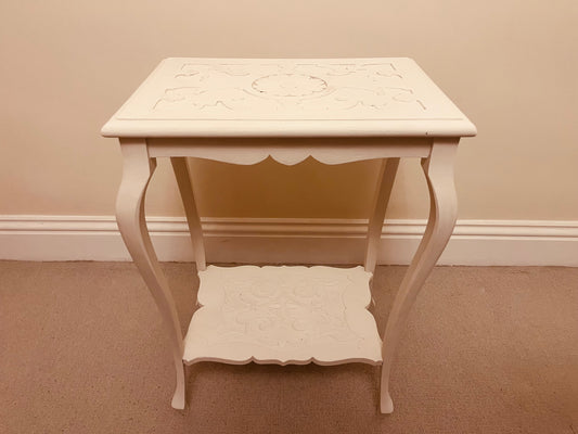 Hand-Carved French Style Side Table – Ivory Painted Wooden Table with Ornate Detailing and Cabriole Legs