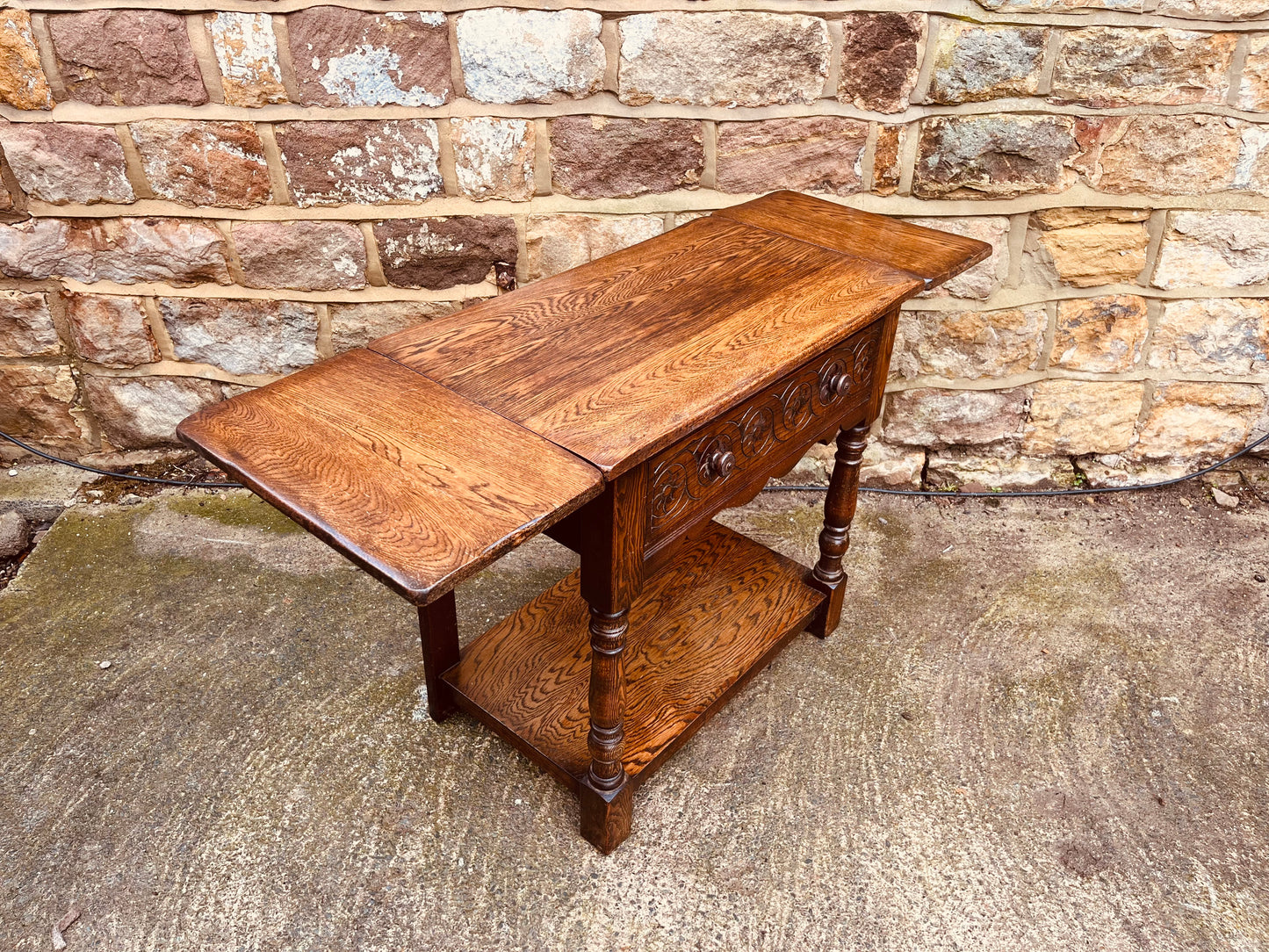 Vintage Solid Oak Drop-Leaf Side Table with Carved Detail & Lower Shelf