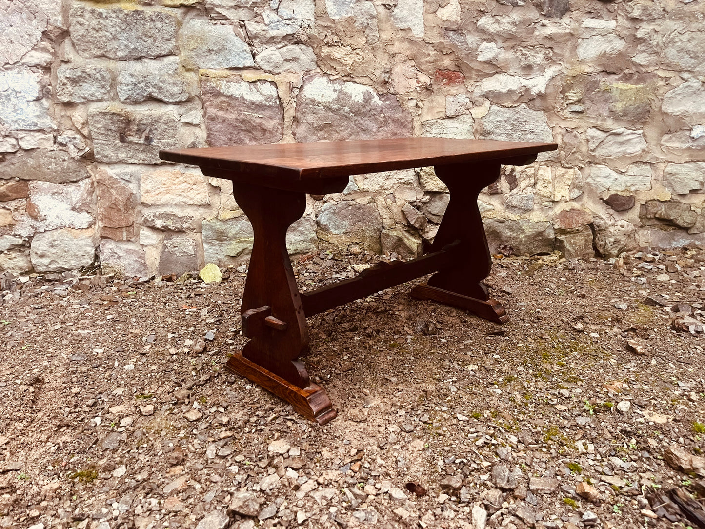 Vintage Solid Oak Trestle Table – Rustic Farmhouse Console