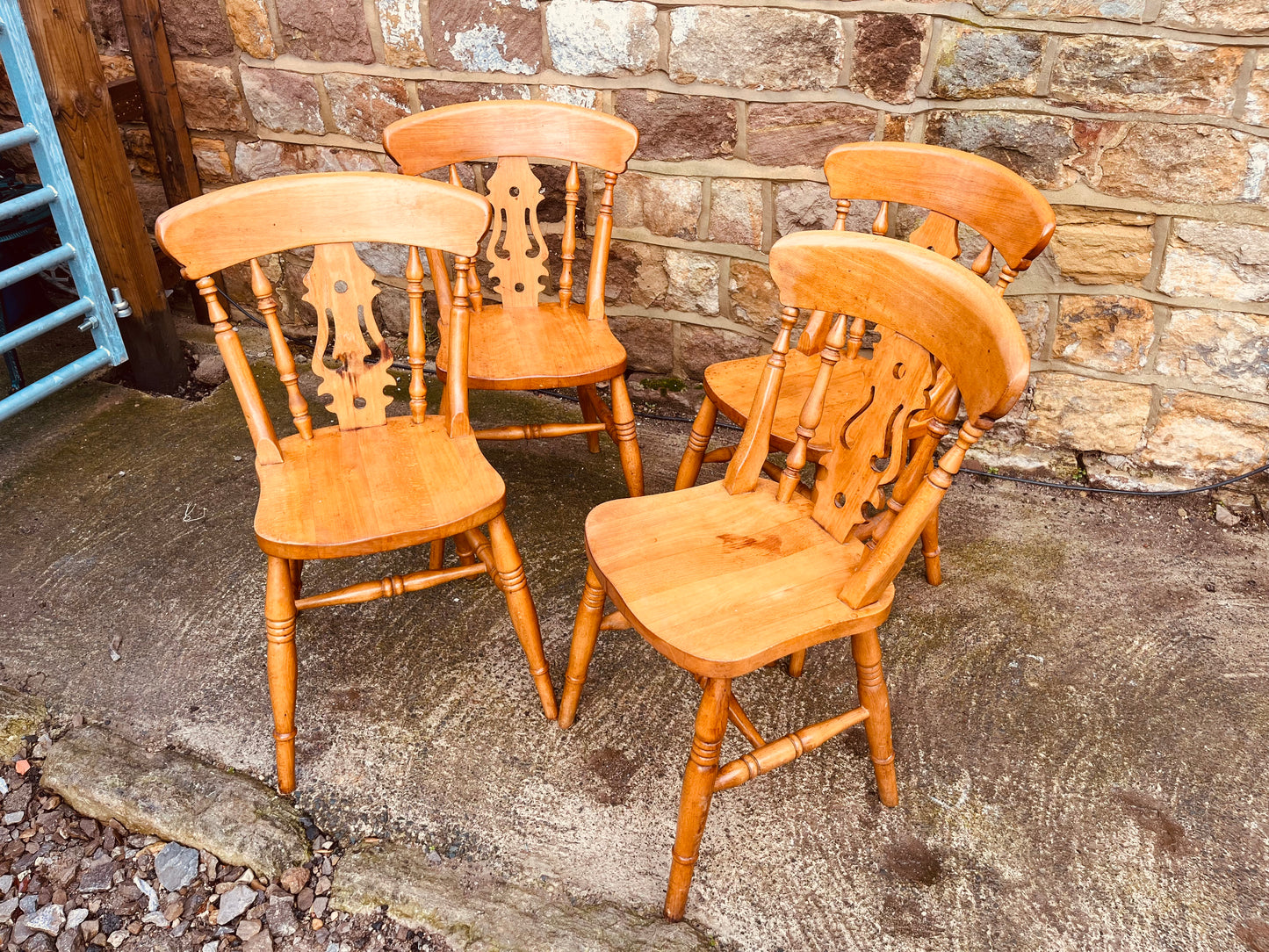 Set of Four Vintage Solid Oak Dining Chairs with Pierced Splat Backs