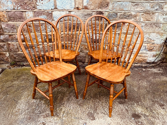 Set of 4 Vintage Spindle Back Farmhouse Dining Chairs – Rustic Wooden Kitchen Seating