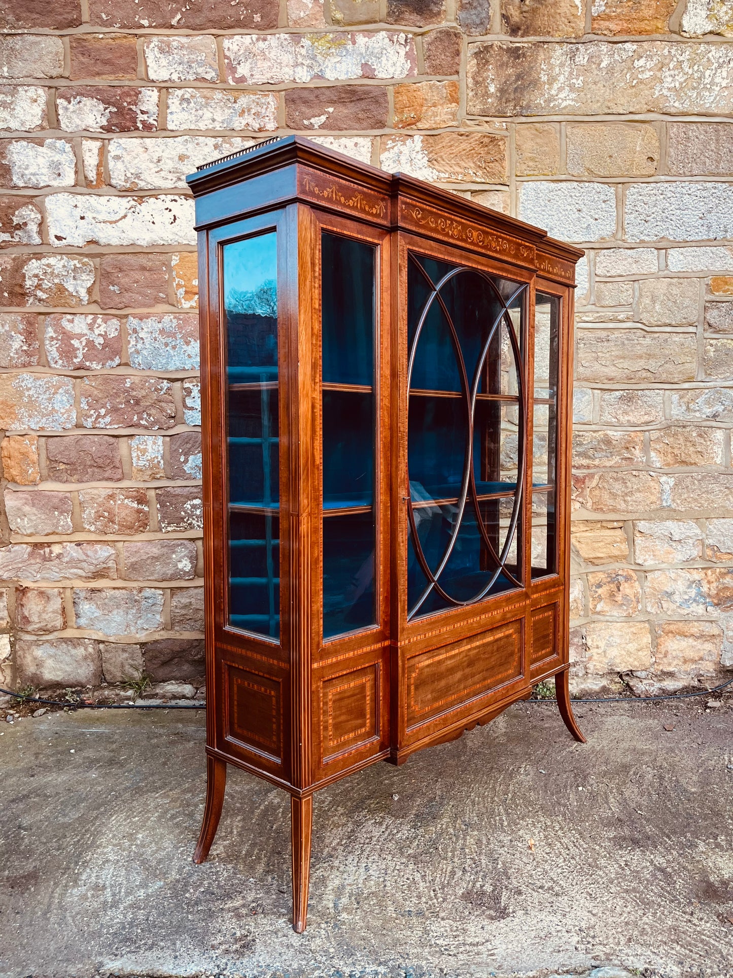 Edwardian Inlaid Display Cabinet with Astragal Glazed Door & Velvet Interior – Antique Marquetry Curio Cabinet