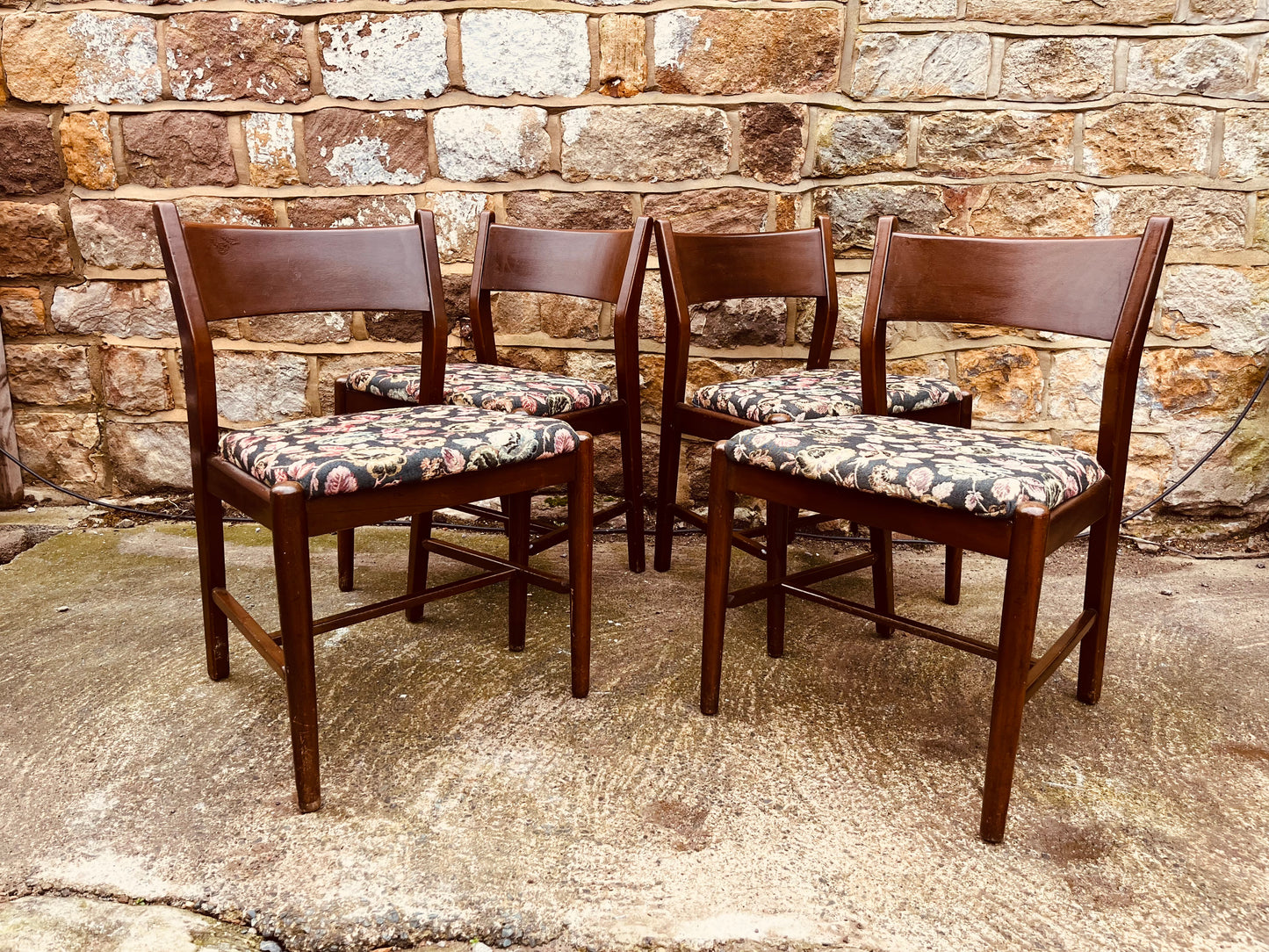 Set of Four Vintage Wooden Dining Chairs with Upholstered Seats