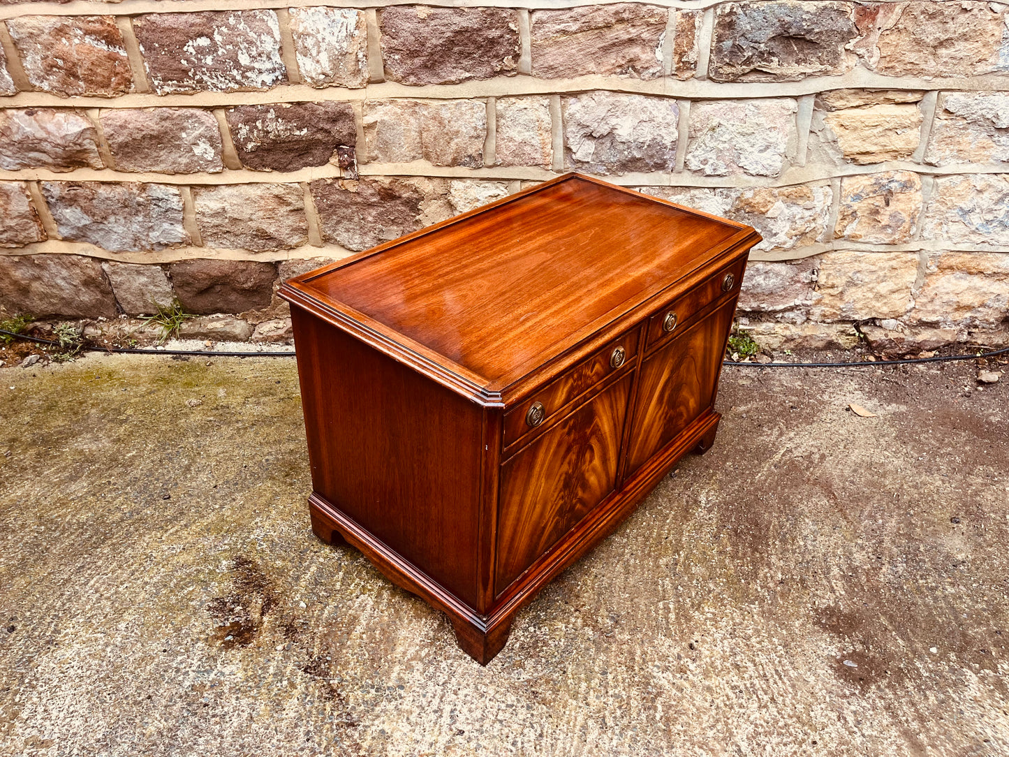 Mahogany Vintage Storage Cabinet – Flame Veneer & Brass Knobs