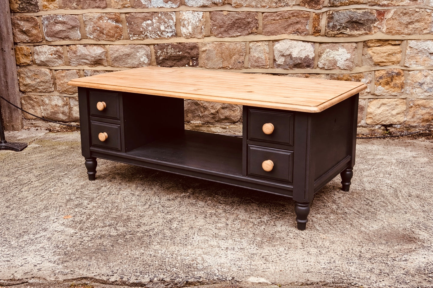 Double-Sided Solid Wood Coffee Table with 8 Drawers | Hand-Painted Deep Blue