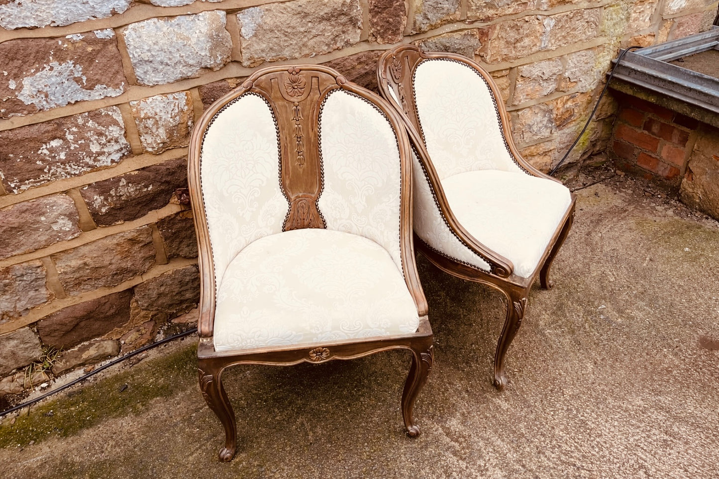 Pair of French Style Upholstered Armchairs | Louis XV Revival | Carved Wood Salon Chairs